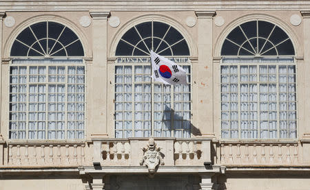 A South Korean flag hangs inside the Vatican Palace during a meeting of South Korean President Moon Jae-in and Pope Francis at the Vatican, October 18, 2018. REUTERS/Tony Gentile
