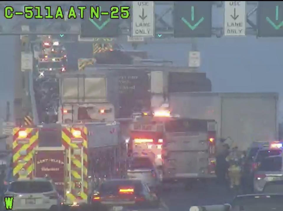 This image provided by the Maryland Transportation Authority shows a multi-vehicle crash on US-50 Bay Bridge in Maryland, on Saturday, Jan. 27, 2024. The Maryland Transportation Authority said Saturday on social media that the crash on the westbound lanes has closed the bridge. No injuries have been reported. (Maryland Transportation Authority via AP)