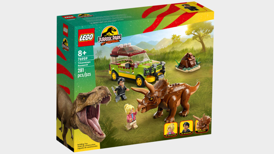 Lego Triceratops Research set on a plain background