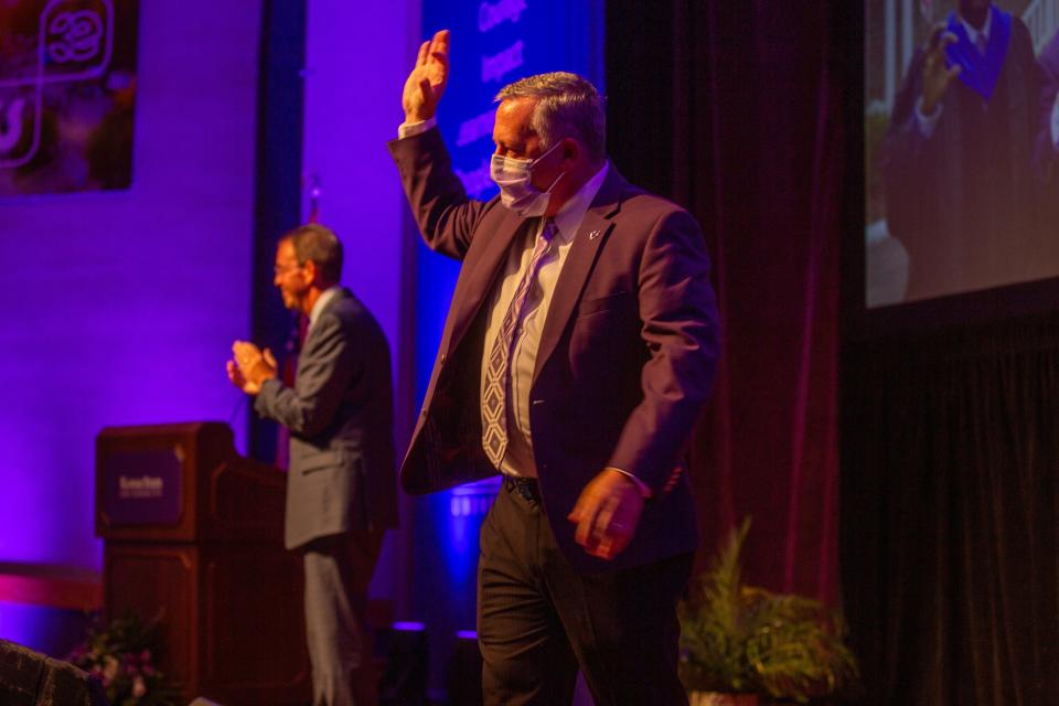 K-State president Richard Linton receives a standing ovation as he makes a brief appearance at the 2023 State of the University on Friday afternoon in the K-State student union. Linton is undergoing treatment for throat and tongue cancer, a diagnosis he shared with the K-State community in August.