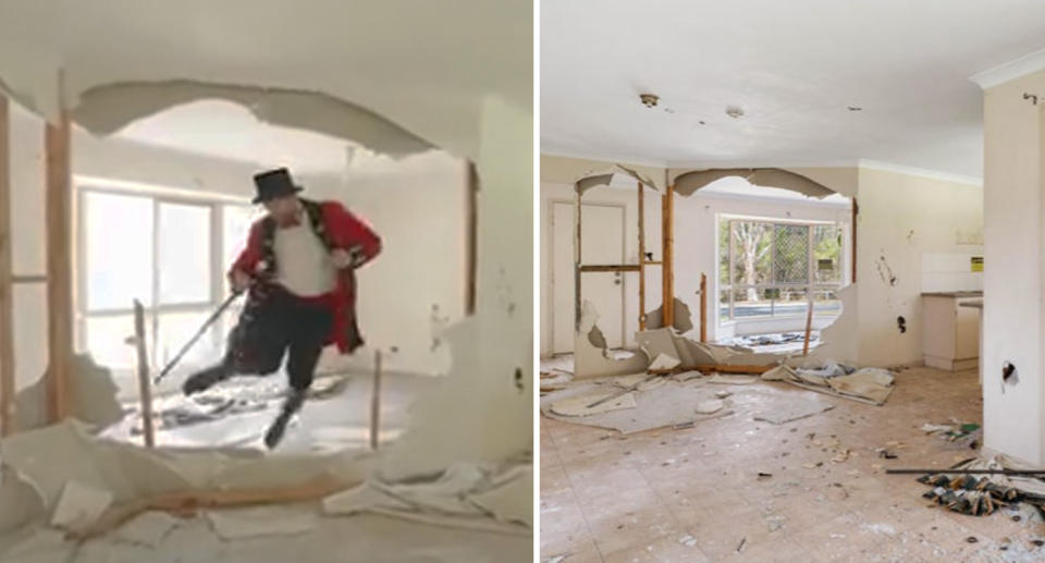 The 'uninhabitable' property is trashed with debris and grass strewn across the floor with Cory jumping through a space where a wall has been torn down by vandals.