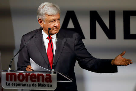 Mexican presidential candidate Andres Manuel Lopez Obrador of the National Regeneration Movement (MORENA) gestures during the presentation of his shadow cabinet for the July 2018 presidential election, in Mexico City, Mexico December 14, 2017. REUTERS/Edgard Garrido