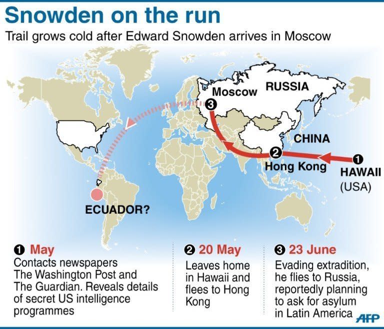 Map showing progress of US whistleblower Edward Snowden. The US intelligence leaker has spent a fourth day at a Moscow airport with his onward travel plans still a mystery after Russian President Vladimir Putin rejected calls for his extradition to the United States