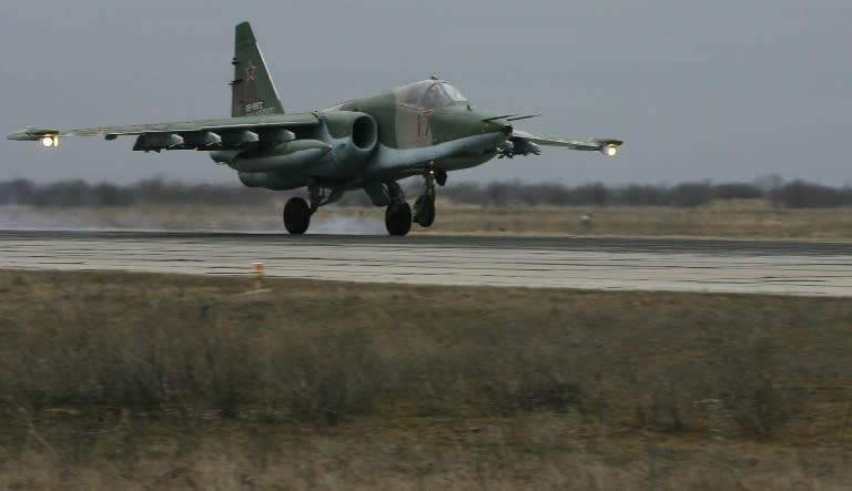 A Russian Air Force Su-25 SM attack plane takes off during a drill at Primorkso-Akhtarsk, Krasnodar region, on February 26, 2015