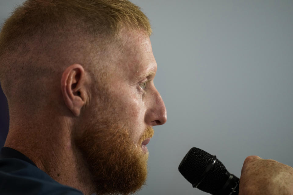 England's captain Ben Stokes addresses the media ahead of their first cricket test match against India in Hyderabad, India, Wednesday, Jan. 24, 2024. (AP Photo/Mahesh Kumar A.)