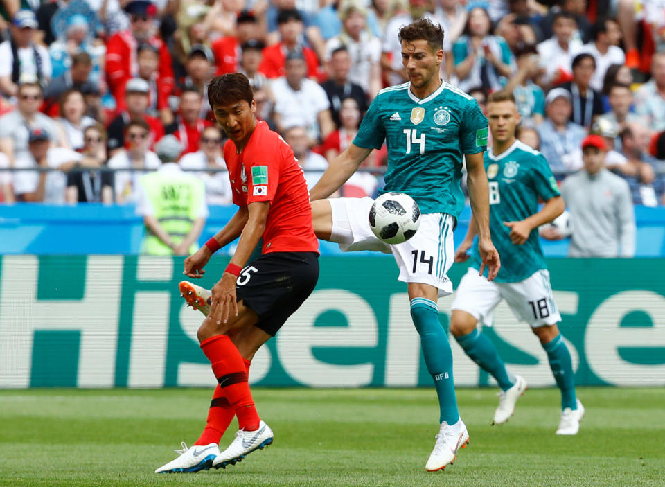 <p>Germany’s Leon Goretzka in action with South Korea’s Jung Woo-young </p>