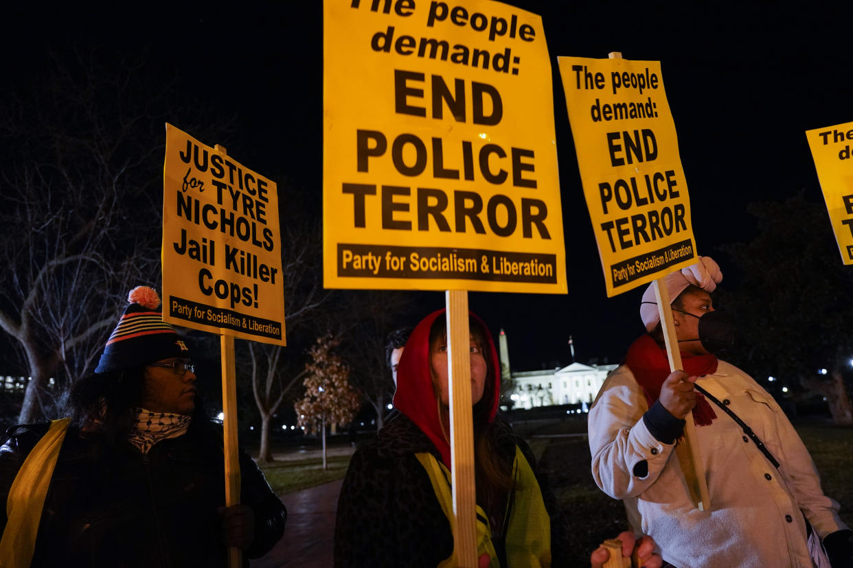 Demonstrators gather outside the White House, Friday, Jan. 27, 2023, in Washington, to protest over the death of Tyre Nichols, who died after being beaten by Memphis police officers on Jan. 7. (AP Photo/Jacquelyn Martin)