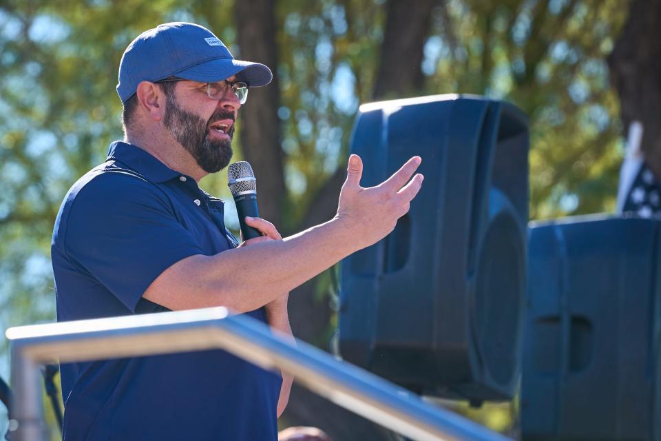 Podcaster Joe Oltmann, from Colorado, addresses the crowd gathered at Wesley Bolin Memorial Plaza in Phoenix demanding a redo on the 2022 general election on Friday, Nov 25, 2022.
(Photo: Alex Gould/The Republic)