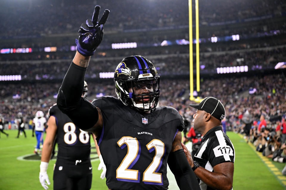 Derrick Henry had a great game as the Baltimore Ravens evened their record at 2-2 on the season. (Photo by Greg Fiume/Getty Images)