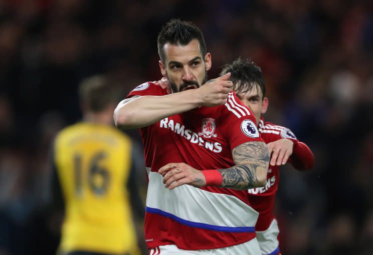 Britain Football Soccer - Middlesbrough v Arsenal - Premier League - The Riverside Stadium - 17/4/17 Middlesbrough's Alvaro Negredo celebrates scoring their first goal Reuters / Scott Heppell Livepic EDITORIAL USE ONLY. No use with unauthorized audio, video, data, fixture lists, club/league logos or 