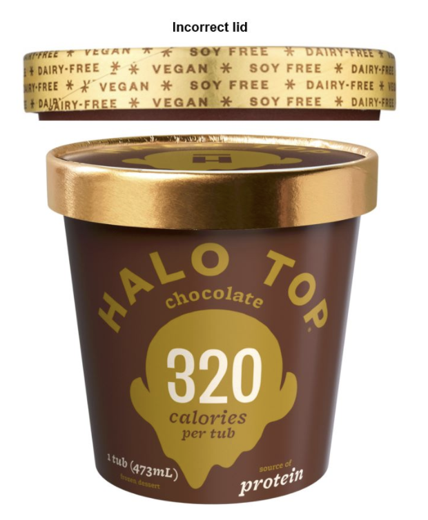 Dairy chocolate ice cream by Halo Top was mislabelled with a vegan, soy free lid. Source: Food Standards