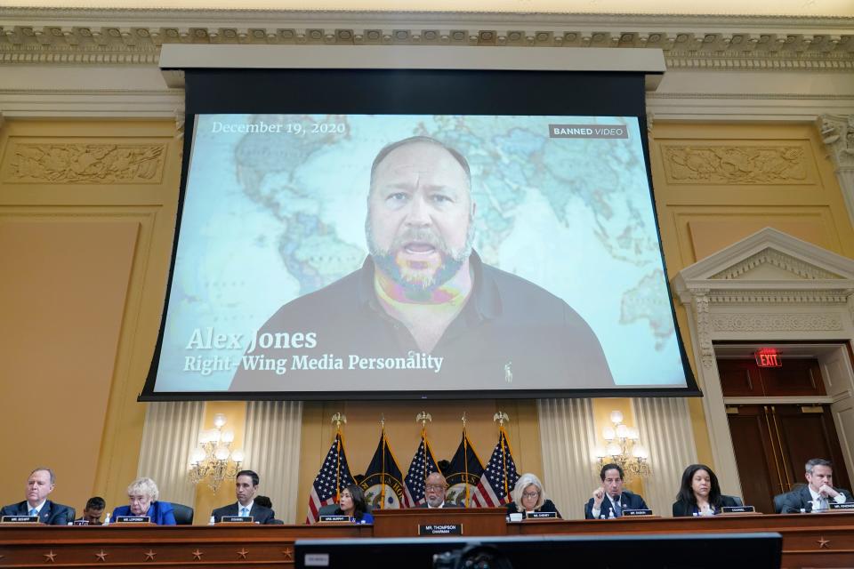 In this July 12, 2022 file photo, a video showing Alex Jones is shown as the House select committee investigating the Jan. 6 attack on the U.S. Capitol holds a hearing at the Capitol in Washington.