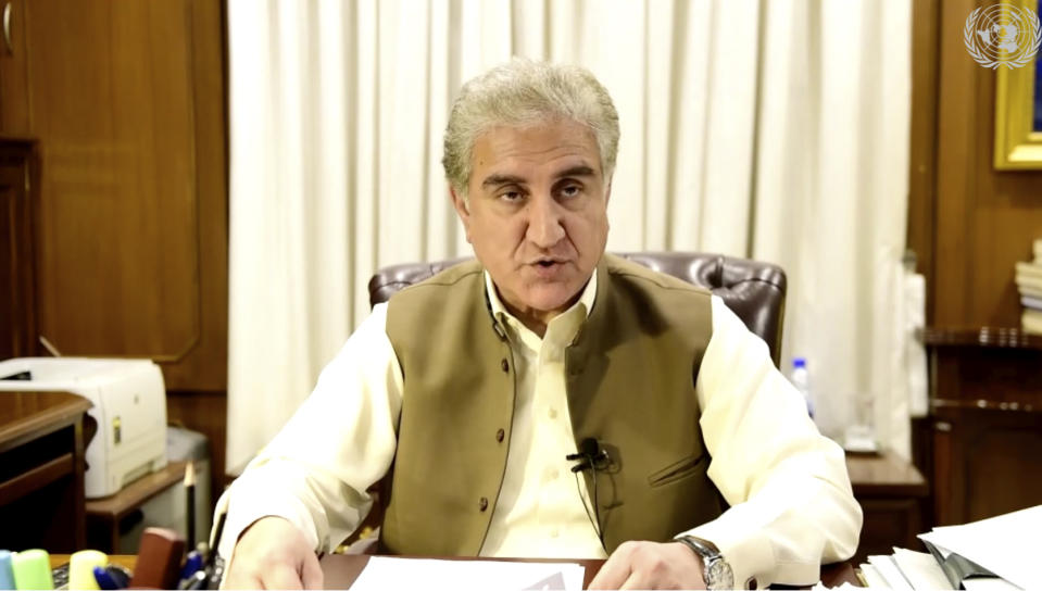 In this frame grab made from UNTV, Pakistan's Foreign Minister, Shah Mahmood Qureshi, speaks during a pre-recorded message which was played inside the United Nations General Assembly Hall, Thursday, Oct. 1, 2020, at UN headquarters, in New York. (UNTV Via AP )