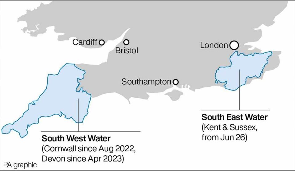 The areas currently under a hosepipe ban. (PA)