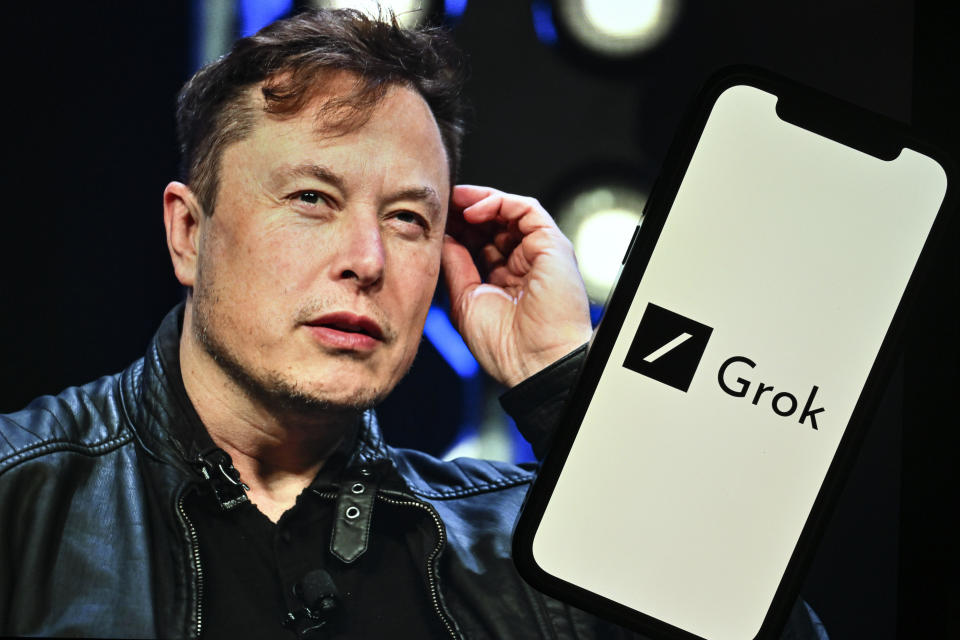 ANKARA, TURKIYE - NOVEMBER 7: In this photo illustration, Elon Musk's photo is displayed in front of Grok logo on a phone screen, in Ankara, Turkiye on November 7, 2023. (Photo by Muhammed Selim Korkutata/Anadolu via Getty Images)