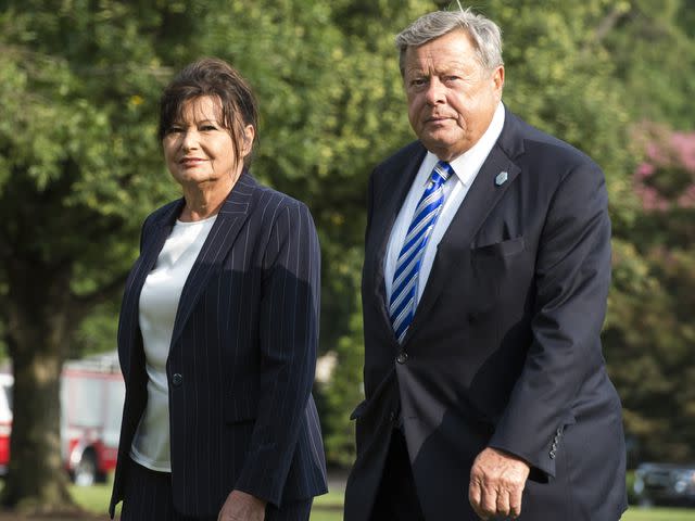 <p>ERIC BARADAT/AFP/Getty</p> Melania Trump's parents Viktor and Amalija Knavs arrive on the South Lawn in Washington, D.C. on August 19, 2018.