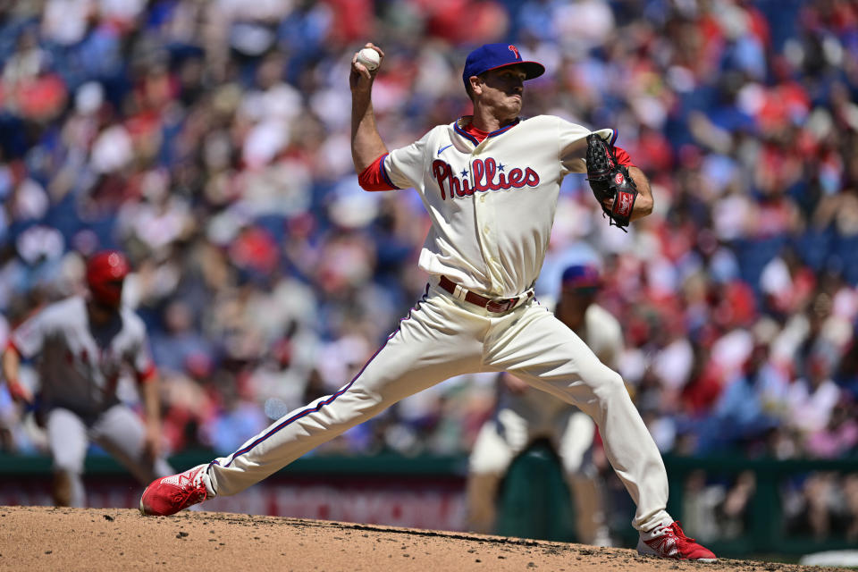 Philadelphia Phillies starting pitcher Kyle Gibson throws during the fourth inning of a baseball game against the Los Angeles Angels, Sunday, June 5, 2022, in Philadelphia. (AP Photo/Derik Hamilton)