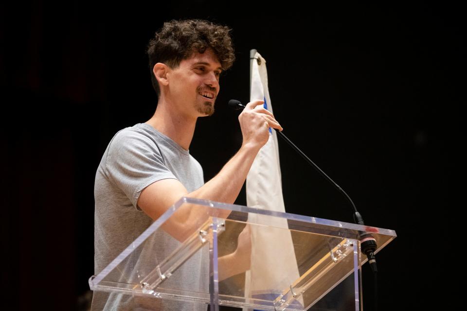 Omer Shifris, who is from thirty minutes outside Tel Aviv in Israel, speaks about his home country during International Student Day in Loyd Auditorium at Freed-Hardeman University in Henderson, Tenn., on Thursday, February 23, 2023. Students representing 19 countries carried their home country flags into the auditorium and then introduced their countries. “It felt good,” Shifris said on speaking about Israel. “I’m the only one for Israel so to be the face of Israel here and share my values and culture with everyone.” 