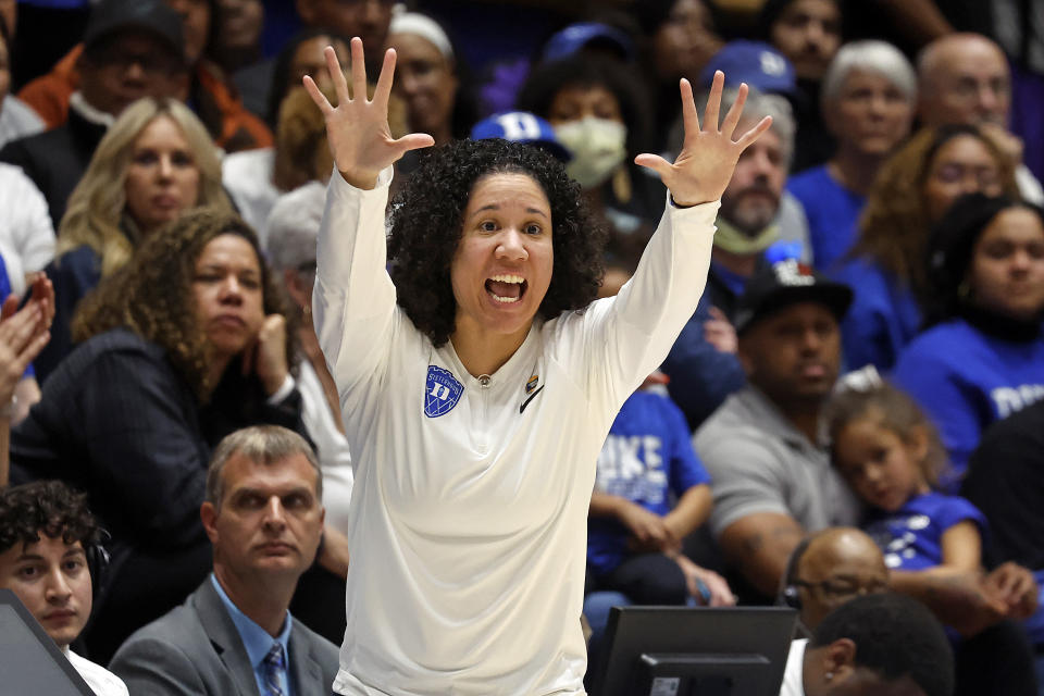 Duke head coach Kara Lawson instructs her team during the first half of a first-round college basketball game of the NCAA Tournament against Iona, Saturday, March 18, 2023, in Durham, N.C. (AP Photo/Karl B. DeBlaker)