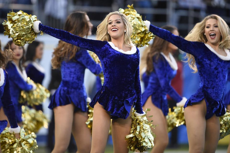 <p>The San Diego Chargers cheerleaders perform during the second half of an NFL football game against the Oakland Raiders Sunday, Dec. 18, 2016, in San Diego. (AP Photo/Denis Poroy) </p>