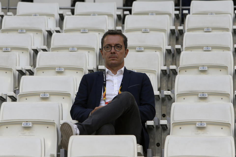 Marseille's President Jacques-Henri Eyraud looks on during the Europa League, group H soccer match between Marseille and Eintracht Frankfurt played behind closed doors at the Velodrome stadium in Marseille, southern France, Thursday Sept. 20, 2018. (AP Photo/Claude Paris)