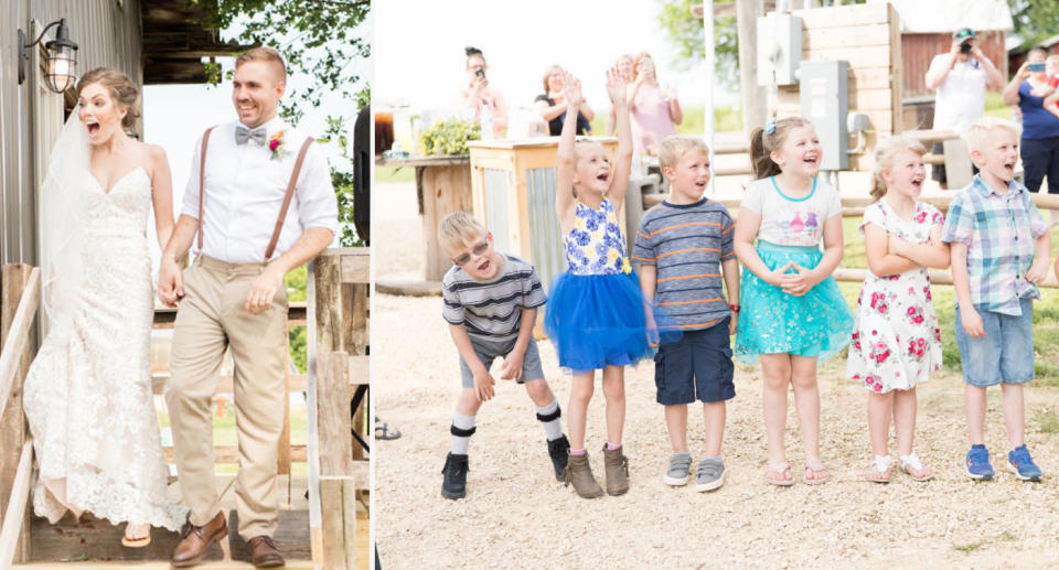 The bride and groom (left) walk outside to see a row of waiting students (right). 