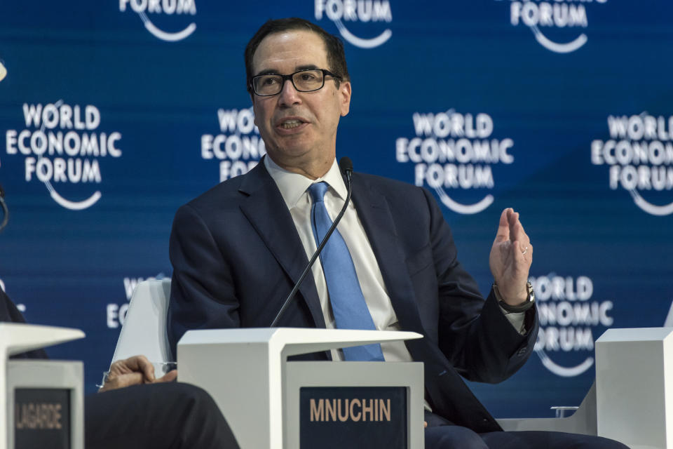 GRAUBüNDEN CANTON, DAVOS, SWITZERLAND - 2020/01/24: Steven Mnuchin, United States secretary of the treasury, addresses a panel during the World Economic Forum in Davos. (Photo by Thierry Falise/LightRocket via Getty Images)