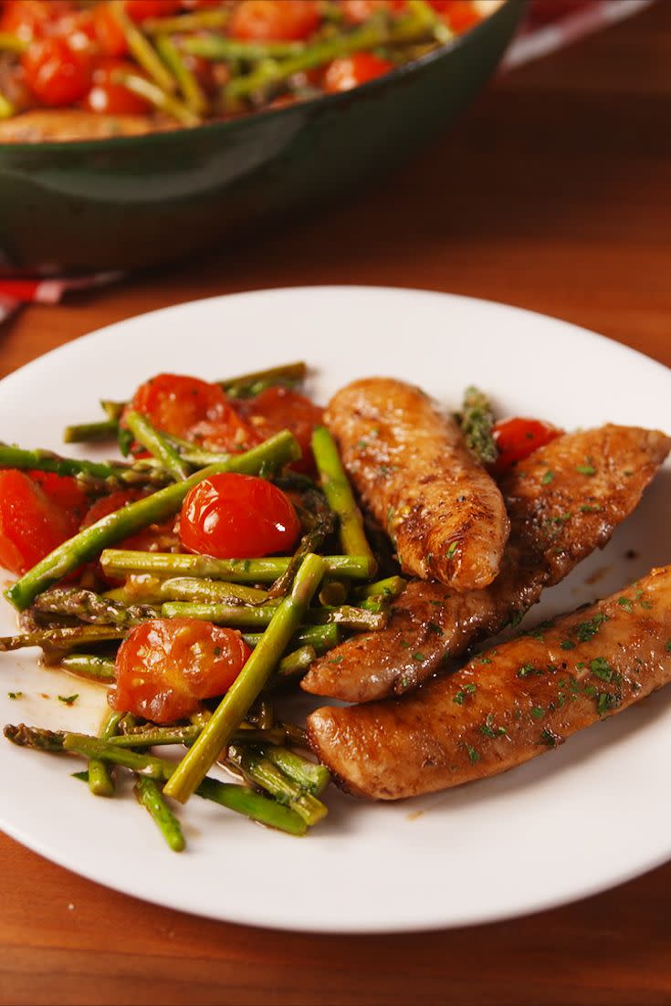 <p>Easy and healthy? Count us in.</p><p>Get the recipe from <a href="/cooking/recipe-ideas/recipes/a54291/one-pan-balsamic-chicken-and-asparagus-recipe/" data-ylk="slk:Delish;elm:context_link;itc:0;sec:content-canvas" class="link ">Delish</a>.</p>