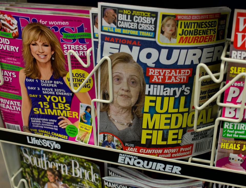 The National Enquirer repeats an allegation of Donald Trump's that Hillary Clinton is not healthy enough for the job of President by using a doctored photograph of her on its cover as seen in a Florence, South Carolina supermarket on September 14, 2016. (Photo: Andrew Lichtenstein/Corbis via Getty Images) 