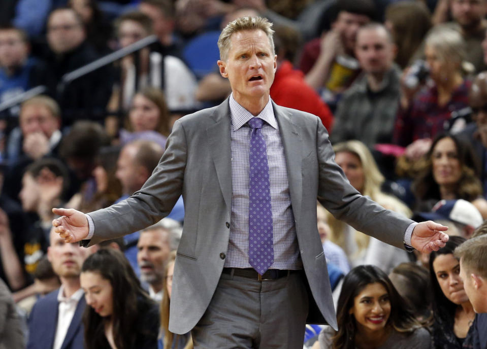 Golden State Warriors coach Steve Kerr questions a call during the second half of the team's NBA basketball game against the Minnesota Timberwolves on Friday, March 10, 2017, in Minneapolis. The Timberwolves won 103-102. (AP Photo/Jim Mone)