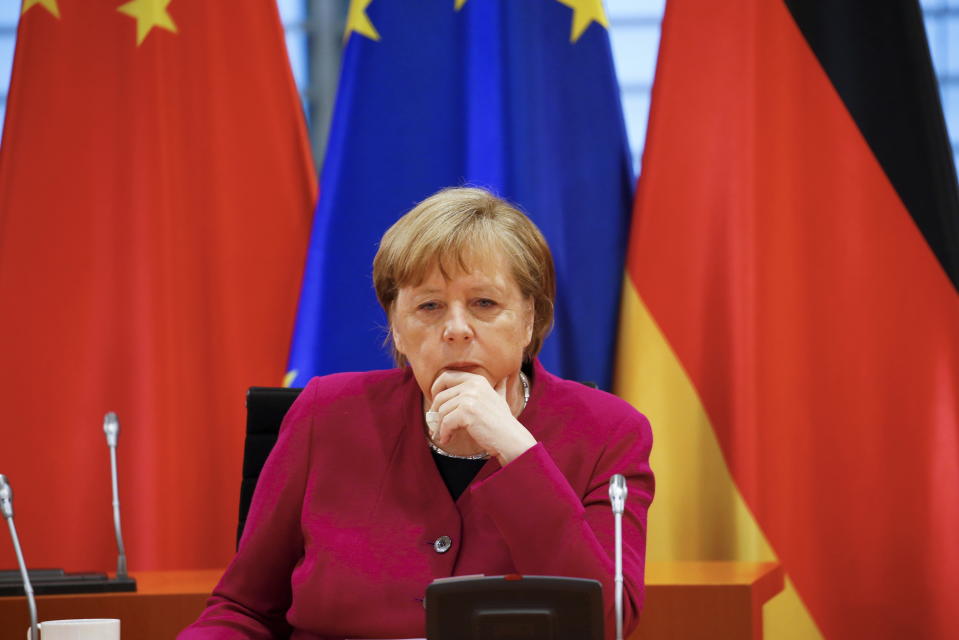 German Chancellor Angela Merkel attends virtual talks with Chinese Premier Li Keqiang (not seen) as part of the Sixth German-Chinese Government Consultations, in Berlin, Germany April 28, 2021. (Michele Tantussi/Pool via AP)