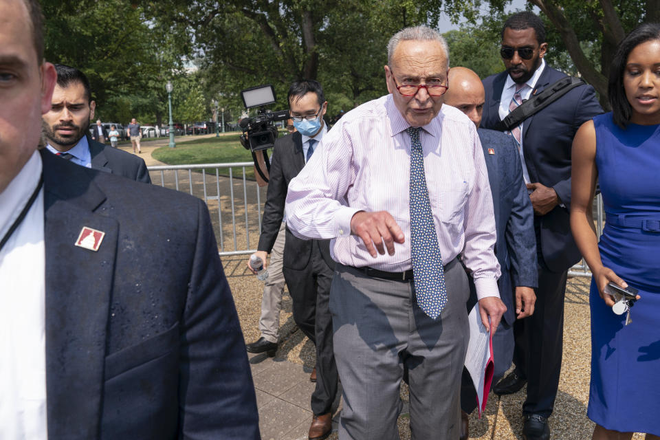 Senate Majority Leader Chuck Schumer, D-N.Y., speaks on immigration, on Capitol Hill, in Washington, Wednesday, July 21, 2021. (AP Photo/Jose Luis Magana)