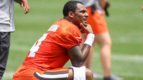 PHOTO: Deshaun Watson of the Cleveland Browns looks on during the Cleveland Browns offseason workout in Berea, Ohio, June 8, 2022. (Diamond Images/Getty Images, FILE)