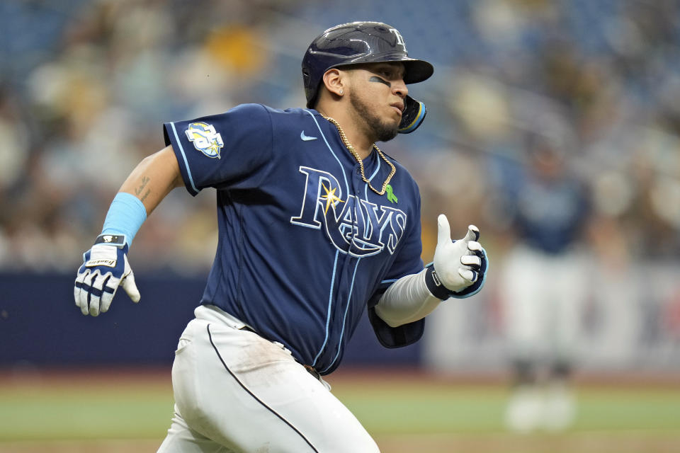 Tampa Bay Rays' Isaac Paredes runs the bases after his double off Pittsburgh Pirates relief pitcher Jose Hernandez during the fourth inning of a baseball game Thursday, May 4, 2023, in St. Petersburg, Fla. (AP Photo/Chris O'Meara)