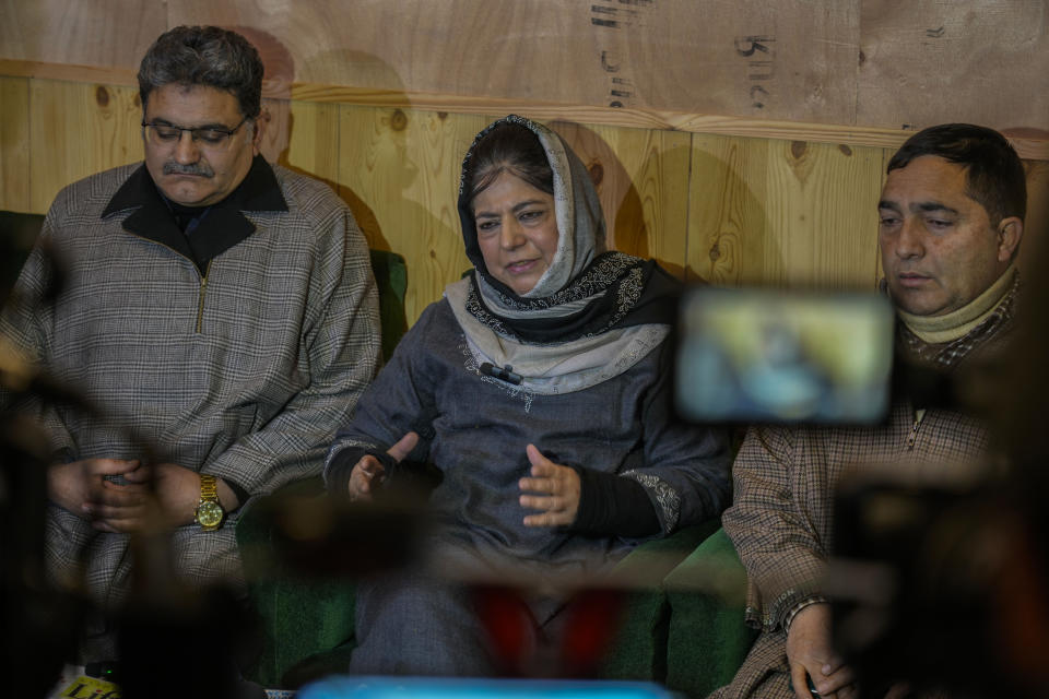 Jammu Kashmir Peoples Democratic Party (PDP) President Mehbooba Mufti speaks to the media during a press conference in Srinagar, Indian controlled Kashmir, Tuesday, Dec 23, 2023. Anger spread in some remote parts of Indian-controlled Kashmir after three civilians were killed while in army custody, officials and residents said Saturday. This comes two days after a militant ambush killed four soldiers. (AP Photo/Mukhtar Khan)