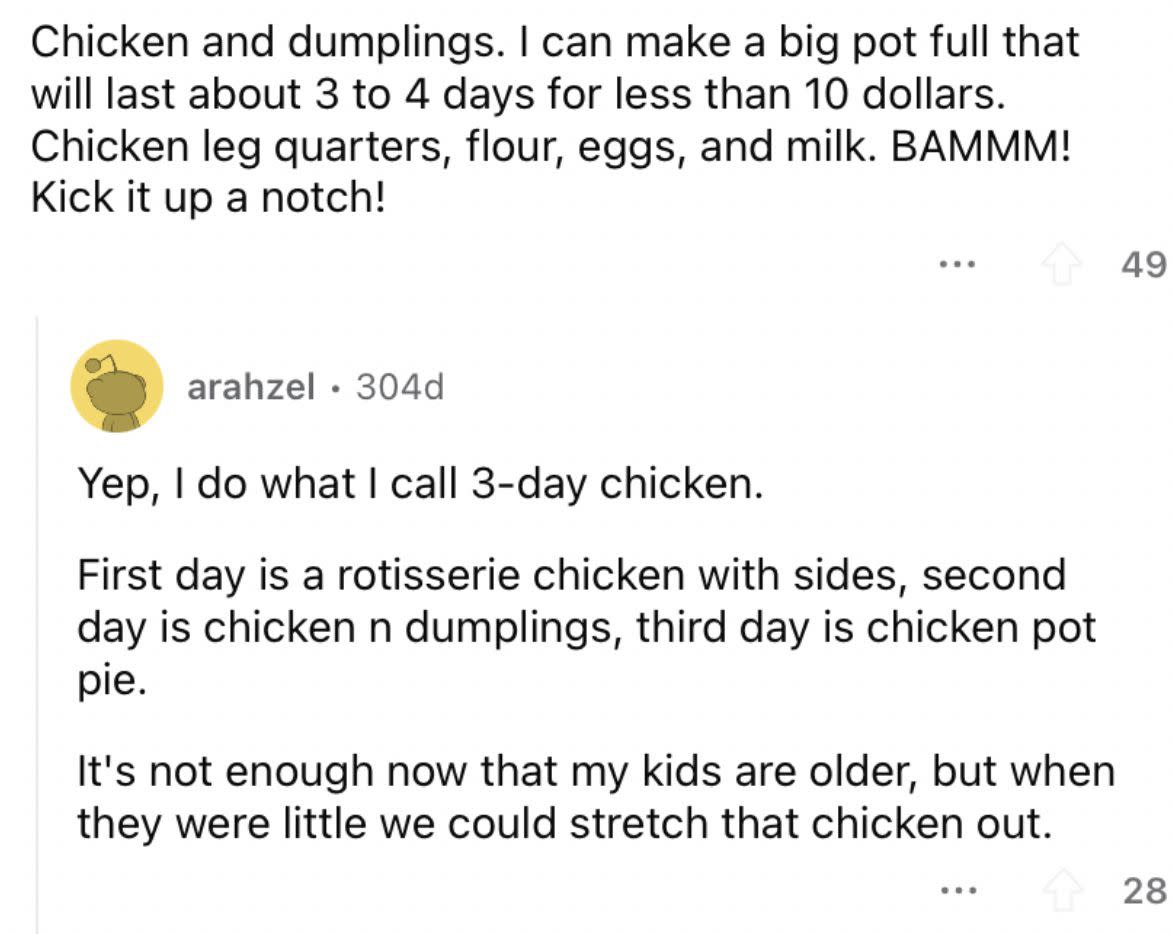Reddit screenshot of cheap chicken dumpling recipe.