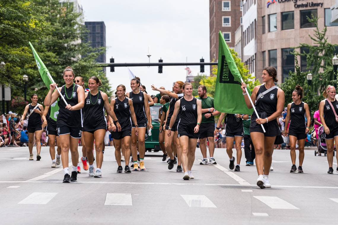 The Lexington Sporting Club women’s professional soccer team walks in the Fourth of July parade in downtown Lexington. LSC will kick off its inaugural USL Super League season on Aug. 25 on the road against Carolina Ascent.