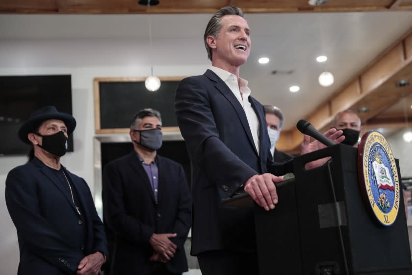 San Fernando, CA, Thursday, April 29, 2021 - California Governor Gavin Newsom at a press conference where he signed legislation that will provide a $6.2 billion tax cut to the hardest hit small businesses in the state at Hanzo Sushi restaurant downtown. (Robert Gauthier/Los Angeles Times)