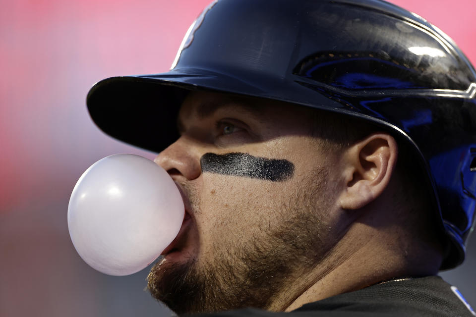 New York Mets' Daniel Vogelbach blows a bubble during the first inning of the team's baseball game against the Seattle Mariners on Friday, Sept. 1, 2023, in New York. (AP Photo/Adam Hunger)