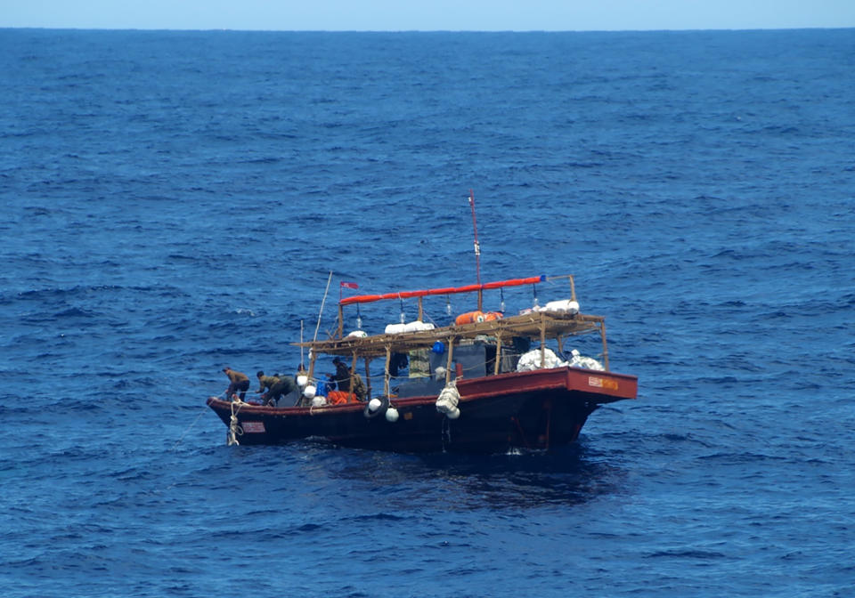 This late May, 2019, photo provided by Japan Coast Guard shows a North Korean fishing boat in the waters near Yamatotai, Japan. Japanese Coast Guard says its patrol boats have been pushing back hundreds of North Korean poachers swarming toward fishing grounds off Japan’s northern coast. (Japan Coast Guard via AP)