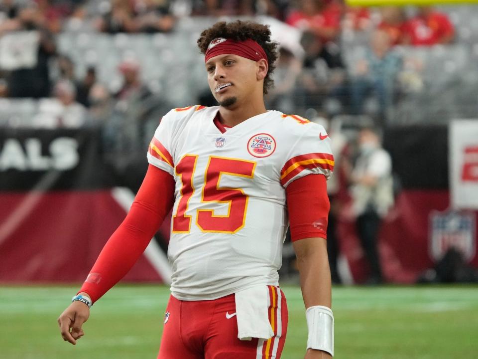 Patrick Mahomes looks on during a 2021 preseason game.