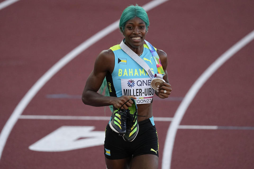 Gold medalist Shaunae Miller-Uibo, of Bahamas, reacts after a win in the final of the women's 400-meter run at the World Athletics Championships on Friday, July 22, 2022, in Eugene, Ore. (AP Photo/Gregory Bull)