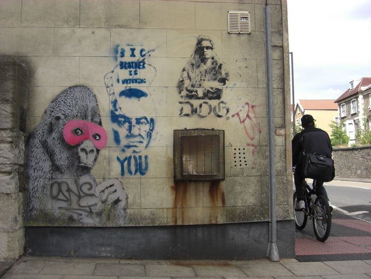 <span class="caption">Banksy’s Masked Gorilla artwork in Bristol was hit by vandals.</span> <span class="attribution"><span class="source">JOHN19701970 via Flickr</span>, <a class="link " href="http://creativecommons.org/licenses/by-sa/4.0/" rel="nofollow noopener" target="_blank" data-ylk="slk:CC BY-SA;elm:context_link;itc:0;sec:content-canvas">CC BY-SA</a></span>