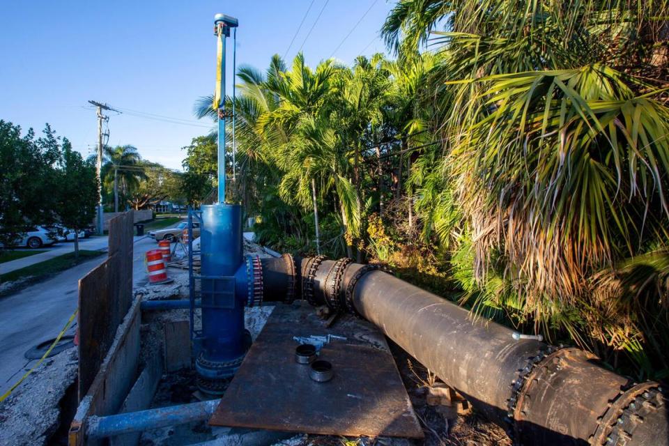 A temporary above-ground sewage pipe inside the Rio Vista neighborhood in Fort Lauderdale, Florida, on Tuesday, January 7, 2020.