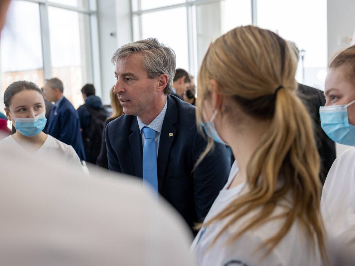 Nova Scotia Premier Tim Houston speaks to a group of nursing students at St. Francis Xavier University on Thursday. (Robert Short/CBC - image credit)