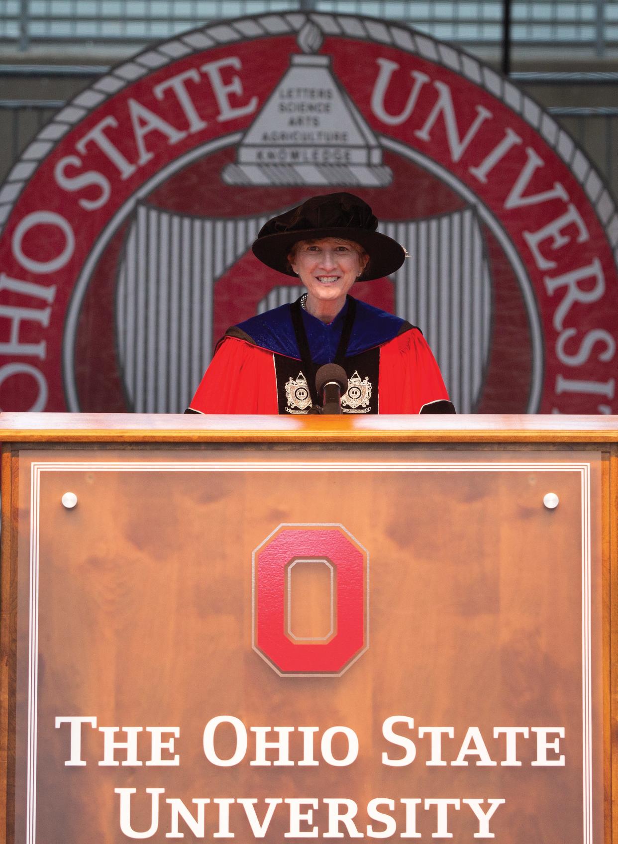 President Kristina Johnson leads the Ohio State University spring commencement ceremony held May 9, 2021, in Ohio Stadium.