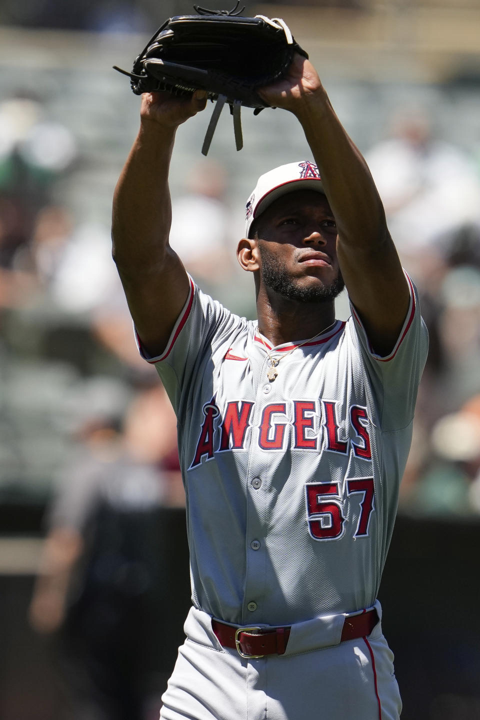 Los Angeles Angels pitcher Roansy Contreras exits during the third inning of a baseball game against the Oakland Athletics, game Thursday, July 4, 2024, in Oakland, Calif. (AP Photo/Godofredo A. Vásquez)