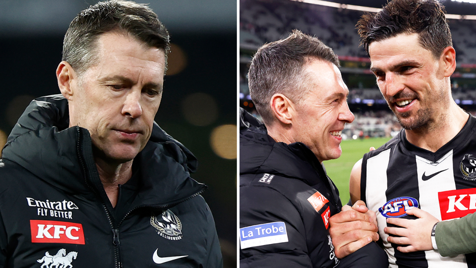 Collingwood's Craig McRae (pictured left) is facing a tough decision on an ageing squad with Scott Pendlebury (pictured right) and Steele Sidebottom's future uncertain. (Getty Images)