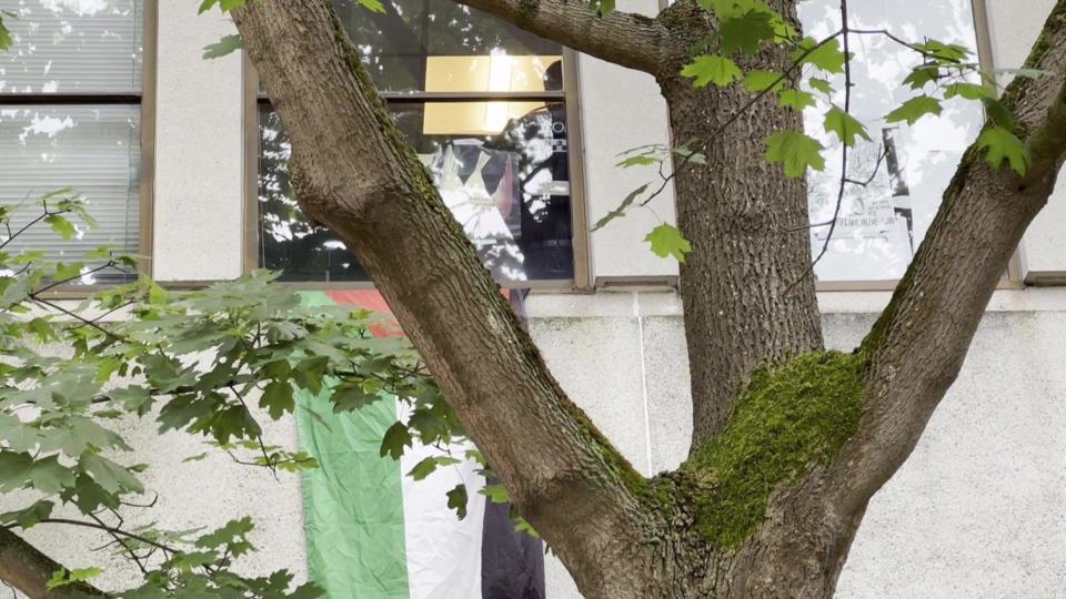 A palestinian flag hanging out of window at the Oxford university offices