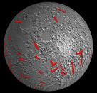 This map shows the location of giant dikes. These are solidified magma filled cracks up to 300 miles long. The formation of these dikes tells us that the moon expanded during the first billion years of its history, with its radius increasing by as much as 5 kilometers.